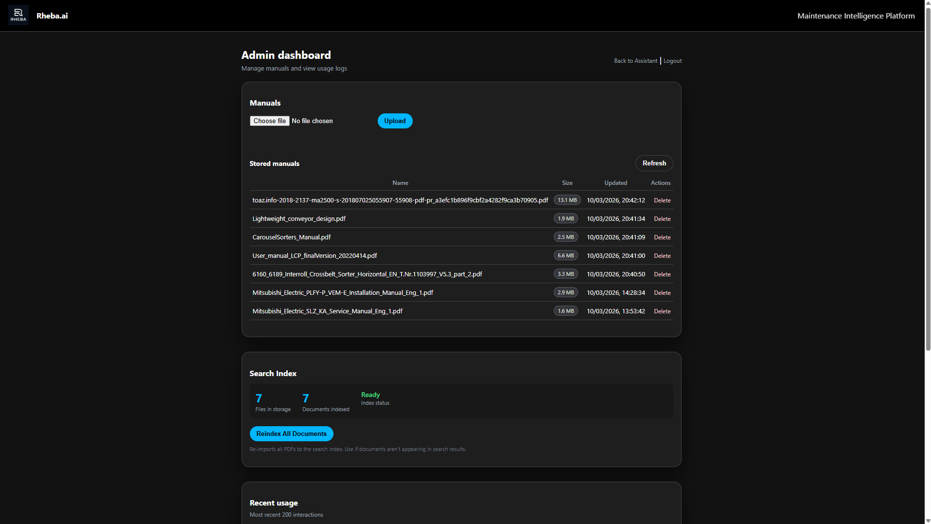 Rheba admin dashboard showing manual upload and indexing